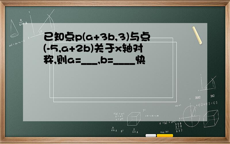 已知点p(a+3b,3)与点(-5,a+2b)关于x轴对称,则a=___,b=____快