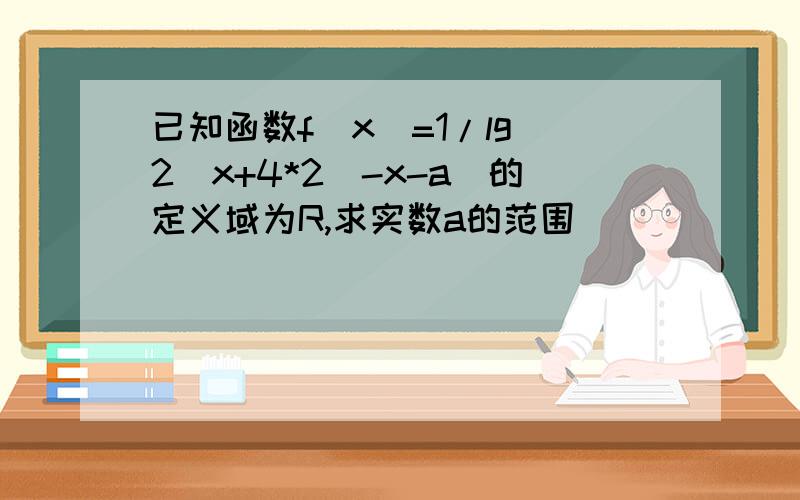 已知函数f(x)=1/lg(2^x+4*2^-x-a)的定义域为R,求实数a的范围