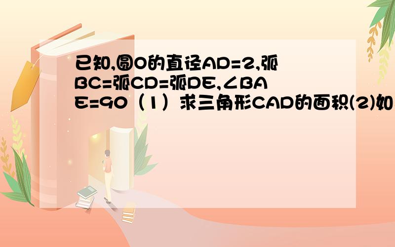 已知,圆O的直径AD=2,弧BC=弧CD=弧DE,∠BAE=90（1）求三角形CAD的面积(2)如果在这个圆形区域中,随机确定一个点为P,那么P落早四边形ABCD的概率是多少