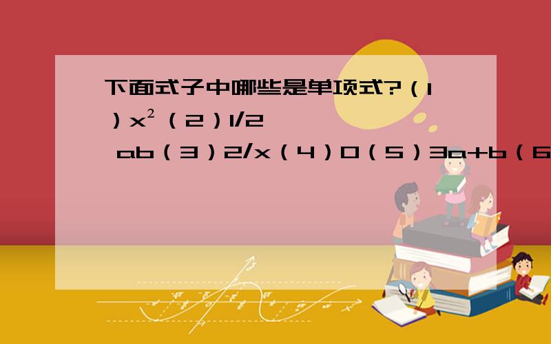 下面式子中哪些是单项式?（1）x²（2）1/2 ab（3）2/x（4）0（5）3a+b（6）（x+y）/2