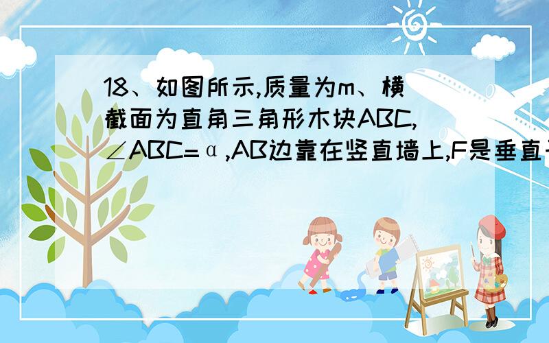 18、如图所示,质量为m、横截面为直角三角形木块ABC,∠ABC=α,AB边靠在竖直墙上,F是垂直于斜面BC的推力,现物块静止不动,则摩擦力大小为多少20、放在水平地面上的物体,与水平面的摩擦系数为μ