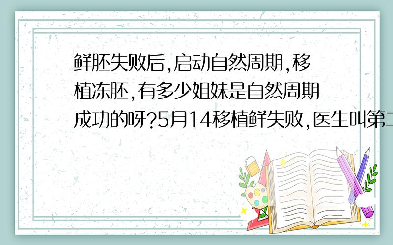 鲜胚失败后,启动自然周期,移植冻胚,有多少姐妹是自然周期成功的呀?5月14移植鲜失败,医生叫第二次例假第7天去启动自然周期!移植冻胚,有多少姐妹是自然周期成功的呀?