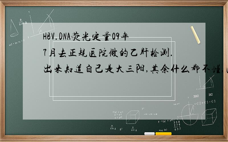 HBV.DNA荧光定量09年7月去正规医院做的乙肝检测.出来知道自己是大三阳,其余什么都不懂,医生也没时间解释,请各位帮忙看一下并分析下,谢谢了.HBSAg  >250.00 HBSAb   0.00HBeAg    1451.60HBeAb  65.26HBcAg  1