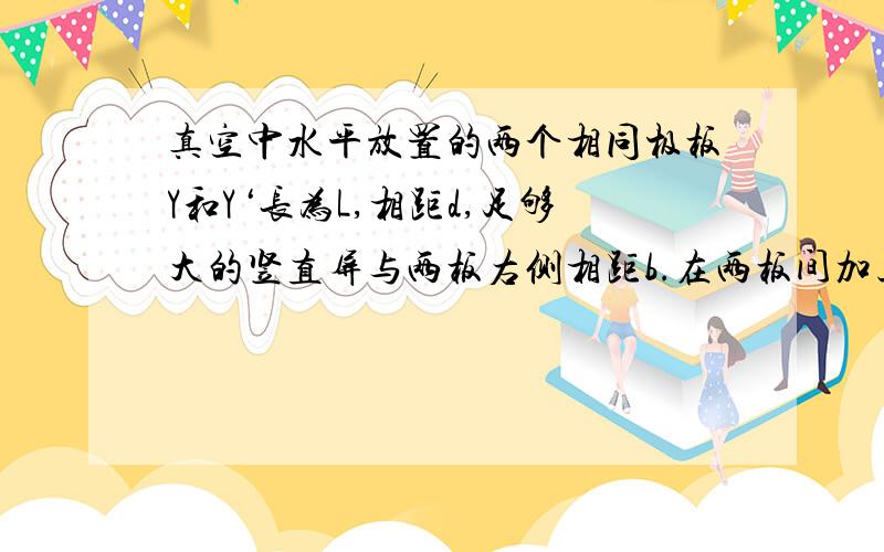 真空中水平放置的两个相同极板Y和Y‘长为L,相距d,足够大的竖直屏与两板右侧相距b.在两板间加上可调偏转电压U,一束质量为m,带电量为+q的粒子（不计重力）从两板左侧中点A以初速度v.沿水