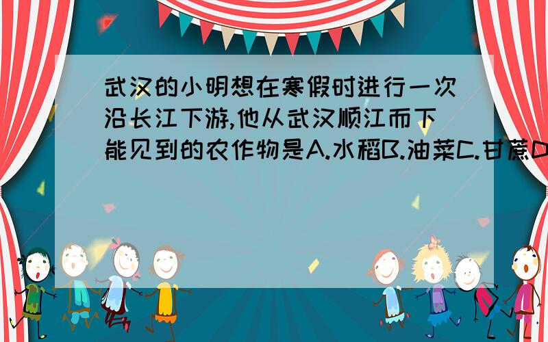 武汉的小明想在寒假时进行一次沿长江下游,他从武汉顺江而下能见到的农作物是A.水稻B.油菜C.甘蔗D.棉花