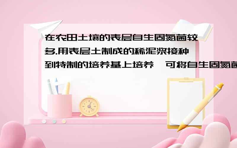 在农田土壤的表层自生固氮菌较多.用表层土制成的稀泥浆接种到特制的培养基上培养,可将自生固氮菌与其他细菌分开,对培养基的要求是 （ ）①加抗生素 ②不加抗生素 ③加氮素 ④不加氮