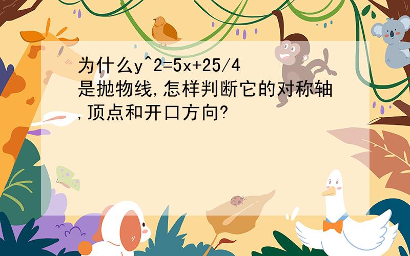 为什么y^2=5x+25/4是抛物线,怎样判断它的对称轴,顶点和开口方向?