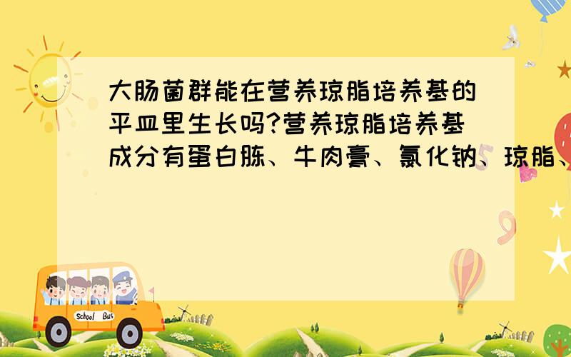 大肠菌群能在营养琼脂培养基的平皿里生长吗?营养琼脂培养基成分有蛋白胨、牛肉膏、氯化钠、琼脂、水。用来做饮用水的菌落总数的。