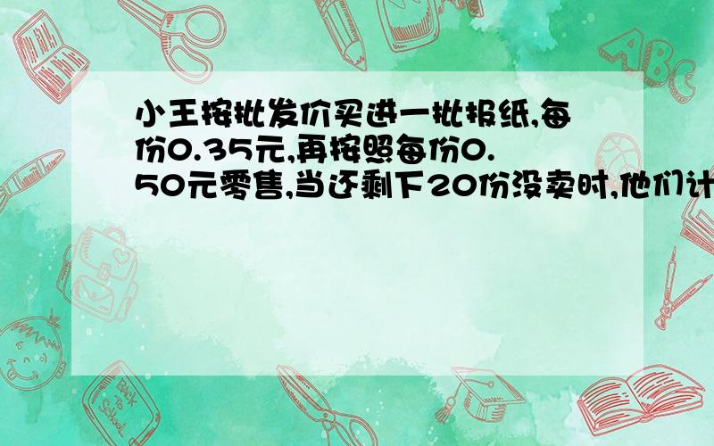 小王按批发价买进一批报纸,每份0.35元,再按照每份0.50元零售,当还剩下20份没卖时,他们计算扣除所有成本已获利20元,小王批发了多少份报纸?