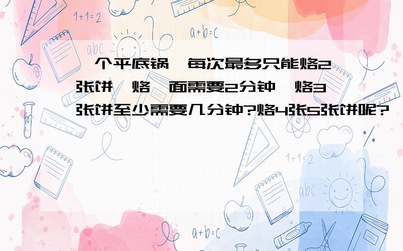 一个平底锅,每次最多只能烙2张饼,烙一面需要2分钟,烙3张饼至少需要几分钟?烙4张5张饼呢?