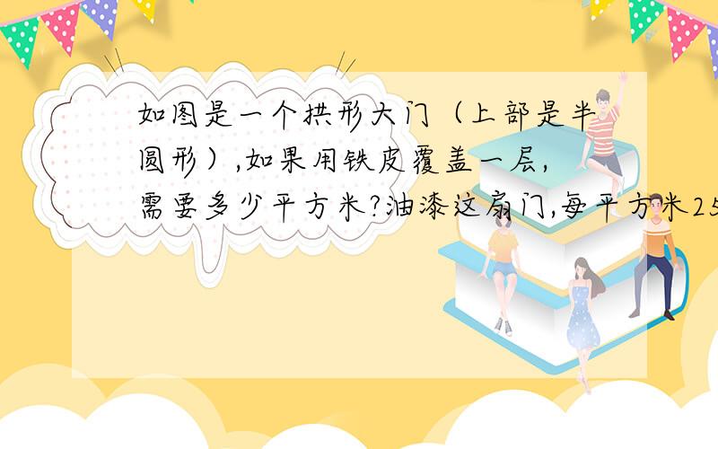 如图是一个拱形大门（上部是半圆形）,如果用铁皮覆盖一层,需要多少平方米?油漆这扇门,每平方米25元,需多少元?