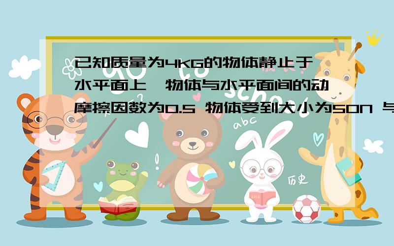 已知质量为4KG的物体静止于水平面上,物体与水平面间的动摩擦因数为0.5 物体受到大小为50N 与水平方向成37°角斜向上的拉力F作用时,沿水平面做匀加速运动,求物体的加速度.（g=10m/s）