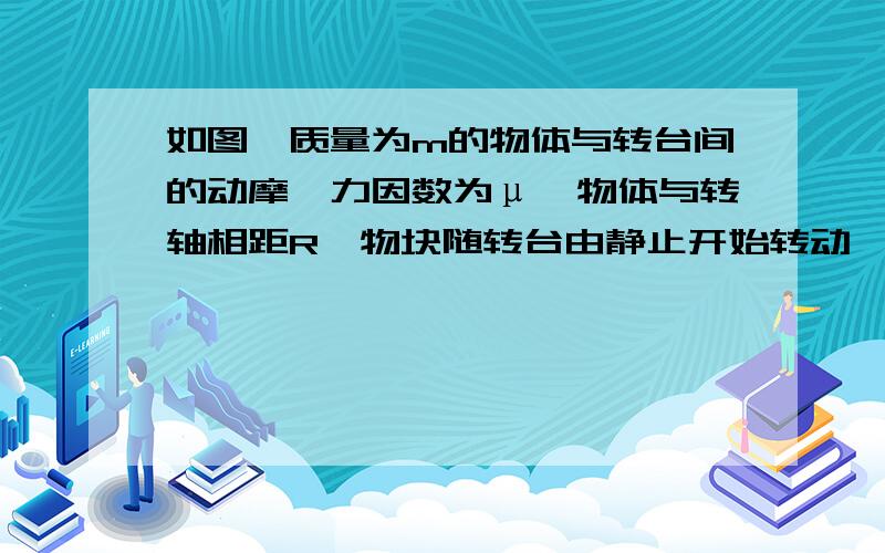 如图,质量为m的物体与转台间的动摩檫力因数为μ,物体与转轴相距R,物块随转台由静止开始转动,当转速缓慢增加到某值时,物块即将在转台上转动,此时转台开始做匀速转动,在此过程中,摩擦力