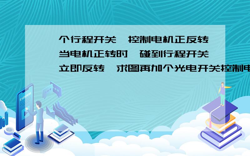 一个行程开关,控制电机正反转,当电机正转时,碰到行程开关,立即反转,求图再加个光电开关控制电机启动,光电照到时,电机工作,工作碰到行程开关,然后反转,求完整图,