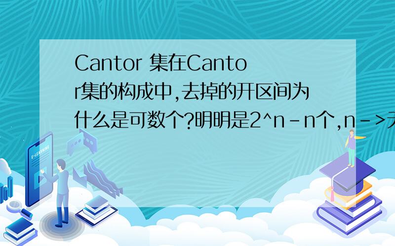 Cantor 集在Cantor集的构成中,去掉的开区间为什么是可数个?明明是2^n-n个,n->无穷.而Cantor集的点却是不可数个,但事实上一个区间对应了两个Cantor集上的点.道理上应该是[0,1]上的开区间可数,但是C