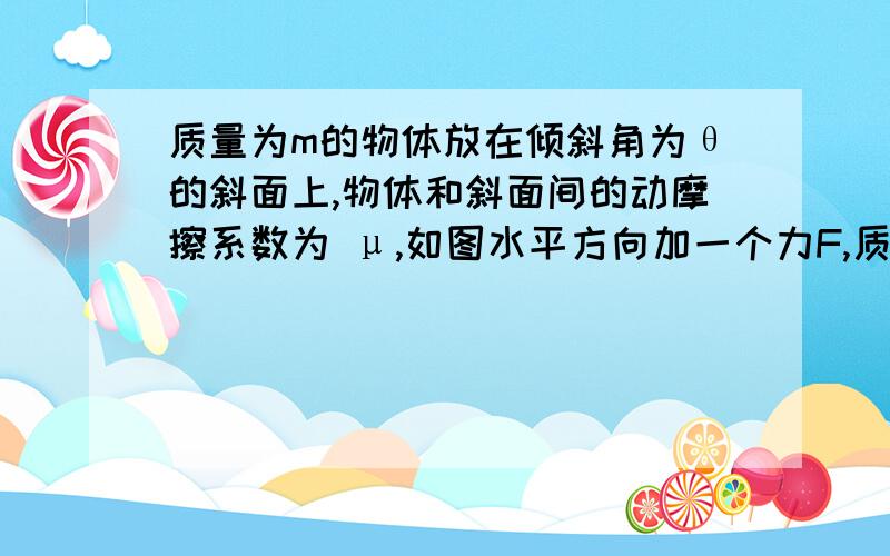 质量为m的物体放在倾斜角为θ的斜面上,物体和斜面间的动摩擦系数为 μ,如图水平方向加一个力F,质量为m的物体放在倾斜角为θ的斜面上,物体和斜面间的动摩擦系数为 μ, 如图水平方向加一个