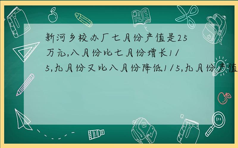 新河乡校办厂七月份产值是25万元,八月份比七月份增长1/5,九月份又比八月份降低1/5,九月份产值是多少万元?