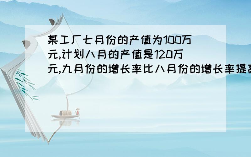 某工厂七月份的产值为100万元,计划八月的产值是120万元,九月份的增长率比八月份的增长率提高了5个百分点（1）求八月份的增长率（2）求该工厂第三季的总产值