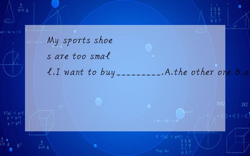 My sports shoes are too small.I want to buy_________.A.the other one B.another one C.another pair D.the others