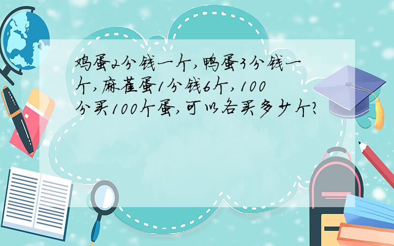 鸡蛋2分钱一个,鸭蛋3分钱一个,麻雀蛋1分钱6个,100分买100个蛋,可以各买多少个?