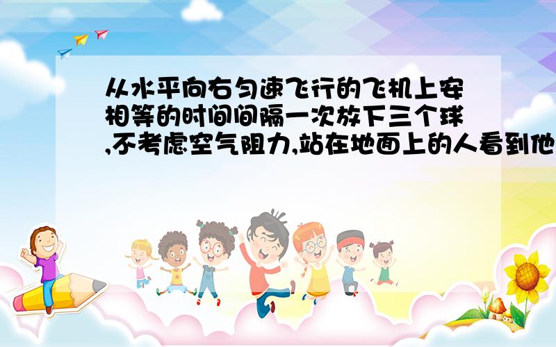 从水平向右匀速飞行的飞机上安相等的时间间隔一次放下三个球,不考虑空气阻力,站在地面上的人看到他们在空中排列的情况是?我知道答案是：口11口1111口 注：“口”是物体“1”间隔我说