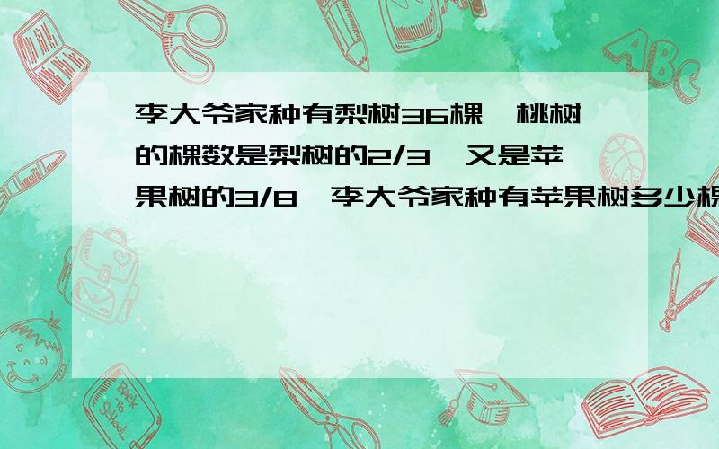 李大爷家种有梨树36棵,桃树的棵数是梨树的2/3,又是苹果树的3/8,李大爷家种有苹果树多少棵?