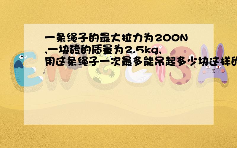 一条绳子的最大拉力为200N,一块砖的质量为2.5kg,用这条绳子一次最多能吊起多少块这样的砖（取g=10N/kg）