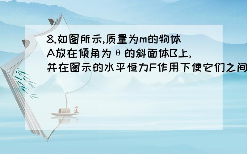 8.如图所示,质量为m的物体A放在倾角为θ的斜面体B上,并在图示的水平恒力F作用下使它们之间刚好不发生相对滑动而向左运动.已知斜面和水平面均光滑,那么下列关于这个物理情境的讨论中正