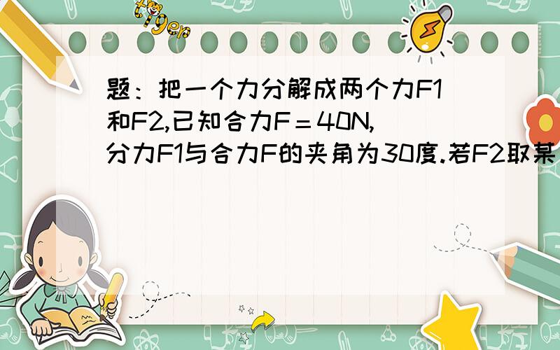 题：把一个力分解成两个力F1和F2,已知合力F＝40N,分力F1与合力F的夹角为30度.若F2取某一数值,可以使F1有两个大小不同的数值,则F2的取值范围是：___________要求：