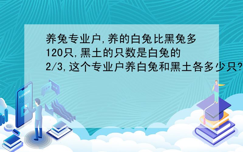 养兔专业户,养的白兔比黑兔多120只,黑土的只数是白兔的2/3,这个专业户养白兔和黑土各多少只?急.