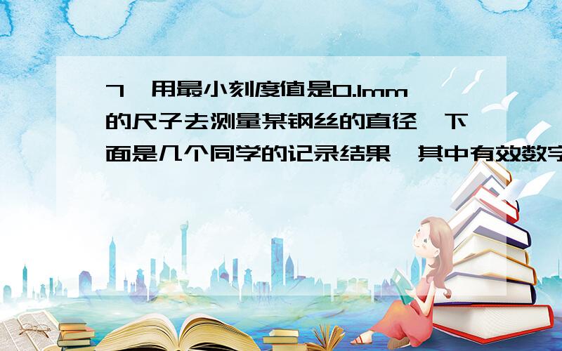 7、用最小刻度值是0.1mm的尺子去测量某钢丝的直径,下面是几个同学的记录结果,其中有效数字错误的是（ ）A．0.52mm B．0.53mm C．0.518mm D．0.025cm