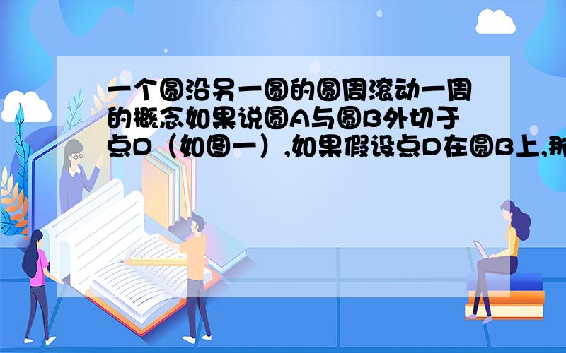 一个圆沿另一圆的圆周滚动一周的概念如果说圆A与圆B外切于点D（如图一）,如果假设点D在圆B上,那么所谓圆B在圆A的圆周上无滑动地滚动一周,是指两圆再次相切于点D（如图二）,还是说圆B滚