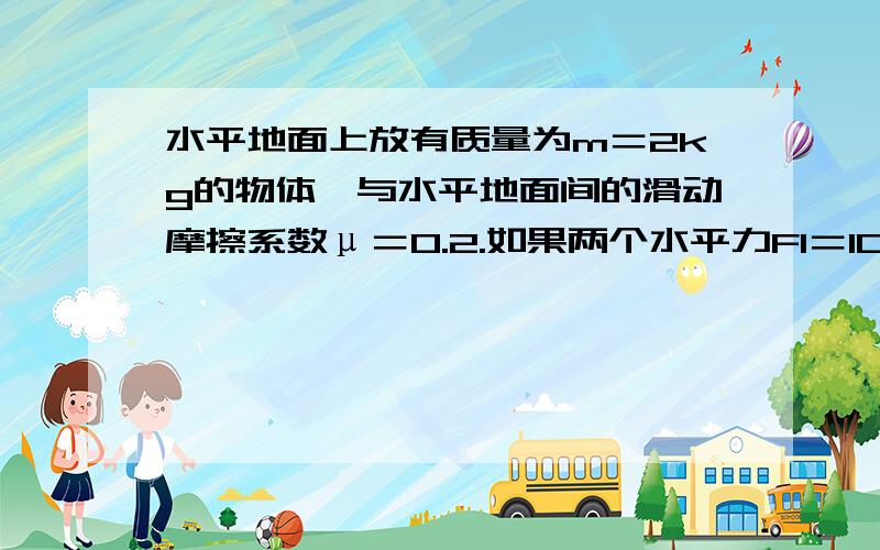 水平地面上放有质量为m＝2kg的物体,与水平地面间的滑动摩擦系数μ＝0.2.如果两个水平力F1＝10N,F2＝4N同时作用于此物体上,那么它运动的加速度最小值为___________