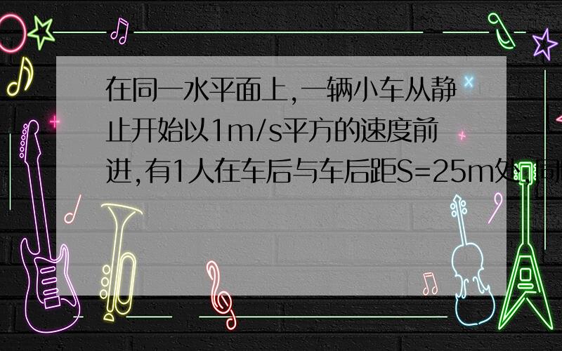 在同一水平面上,一辆小车从静止开始以1m/s平方的速度前进,有1人在车后与车后距S=25m处,同时开始以6m/s的速度匀速追车,人与车前进方向相同,则人能否追上车,若追不上,求人与车的最小距离.更