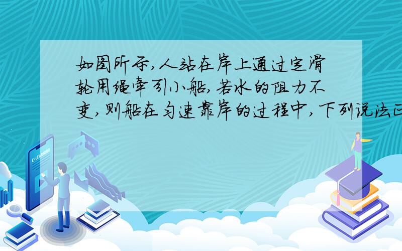 如图所示,人站在岸上通过定滑轮用绳牵引小船,若水的阻力不变,则船在匀速靠岸的过程中,下列说法正确的是：A绳的拉力不断增大  B.绳的拉力保持不变 C.船受到的浮力不变D.船受到的浮力减