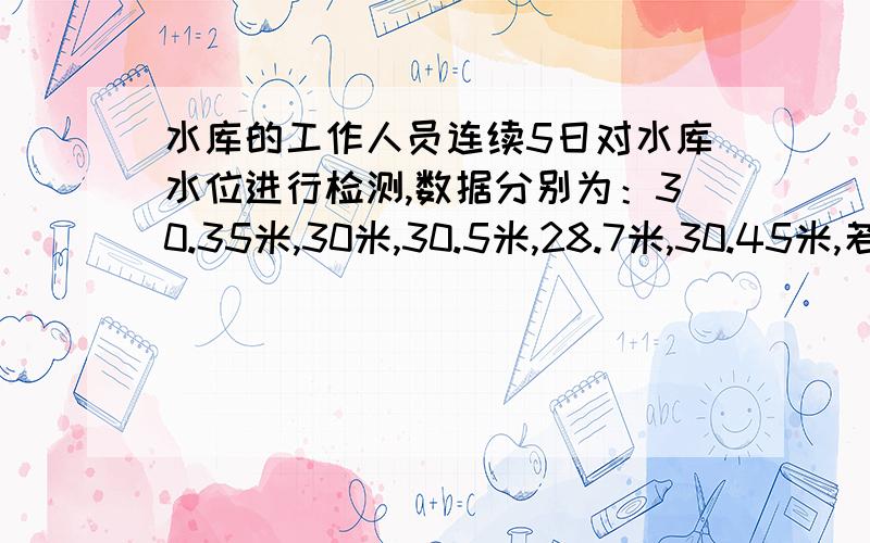 水库的工作人员连续5日对水库水位进行检测,数据分别为：30.35米,30米,30.5米,28.7米,30.45米,若把若把是为平均高度记为0米,用正负表示5天的水位高度.