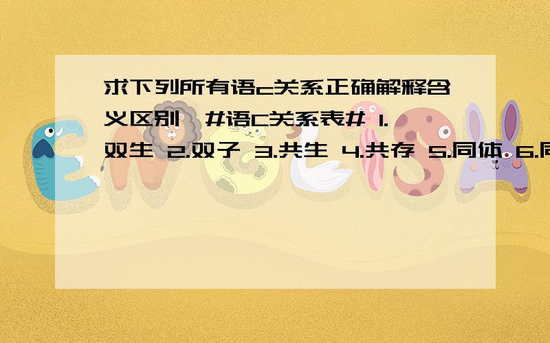 求下列所有语c关系正确解释含义区别,#语C关系表# 1.双生 2.双子 3.共生 4.共存 5.同体 6.同命 7.宿命 8.宿敌 9.镜面 10.倒影 11.主人 12.宠物 13.CP 14.宝贝儿 15.情人 16.爱人 17.专属 18.独有 19.天使 20.