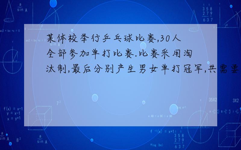 某体校举行乒乓球比赛,30人全部参加单打比赛.比赛采用淘汰制,最后分别产生男女单打冠军,共需要多少场比赛?问题就是这样的,没说男女的