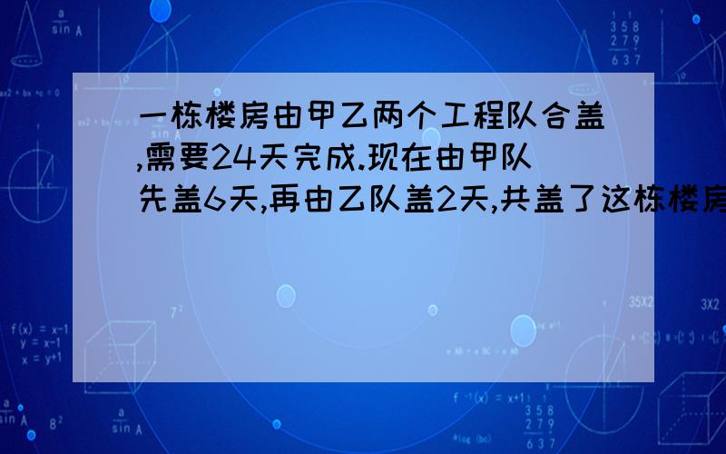 一栋楼房由甲乙两个工程队合盖,需要24天完成.现在由甲队先盖6天,再由乙队盖2天,共盖了这栋楼房的二十分之三,如果这间房屋由甲队盖,需要多少天?