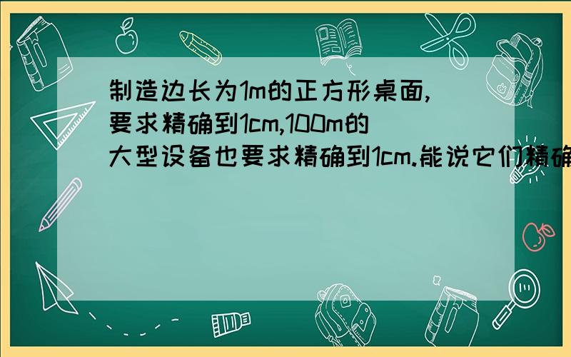 制造边长为1m的正方形桌面,要求精确到1cm,100m的大型设备也要求精确到1cm.能说它们精确度相同吗?为什么