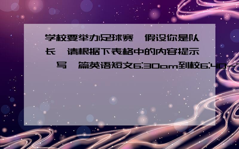 学校要举办足球赛,假设你是队长,请根据下表格中的内容提示,写一篇英语短文6:30am到校6:40-7:40am进行训练5:30-7:30pm进行训练（5点放学）1.要求：条理清楚、意思连贯、语句通顺、标点正确.2.50-