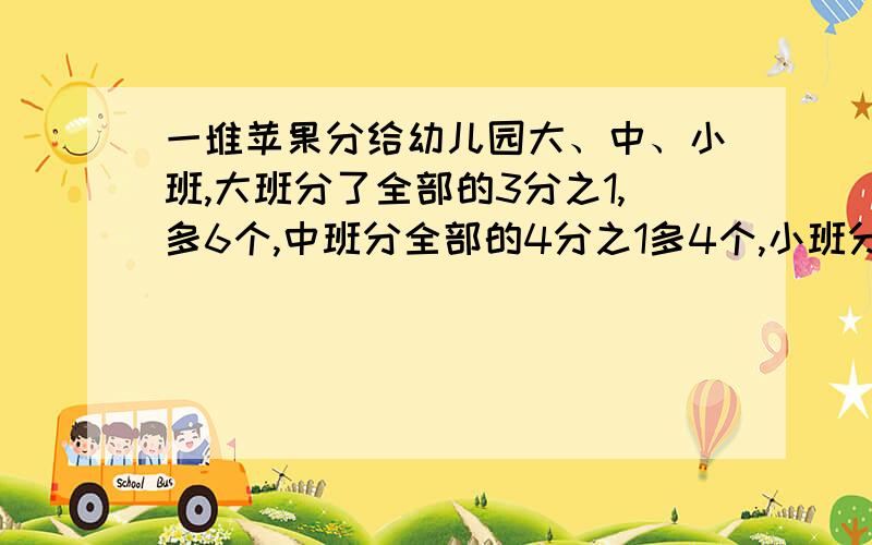 一堆苹果分给幼儿园大、中、小班,大班分了全部的3分之1,多6个,中班分全部的4分之1多4个,小班分的全部的6分之1,剩下的正好一样多,共有多少个糖果?