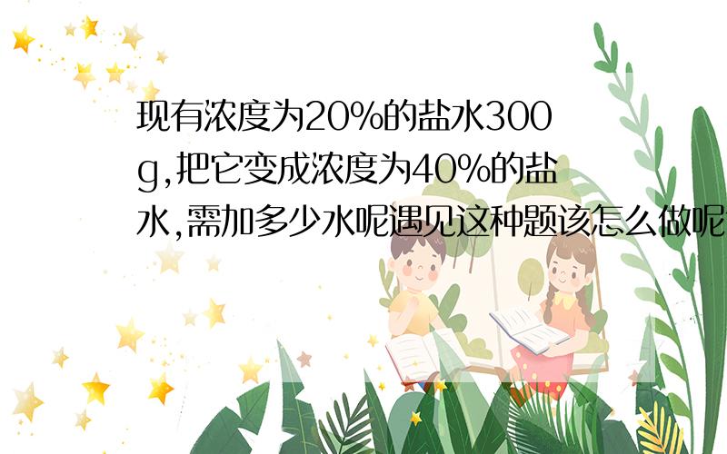 现有浓度为20%的盐水300g,把它变成浓度为40%的盐水,需加多少水呢遇见这种题该怎么做呢?可以说说吗