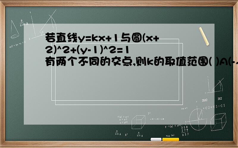 若直线y=kx+1与圆(x+2)^2+(y-1)^2=1有两个不同的交点,则k的取值范围( )A(-√3/3,√3/3)B(0,√3/3)C(-1/3,1/3)D(0,1/3)