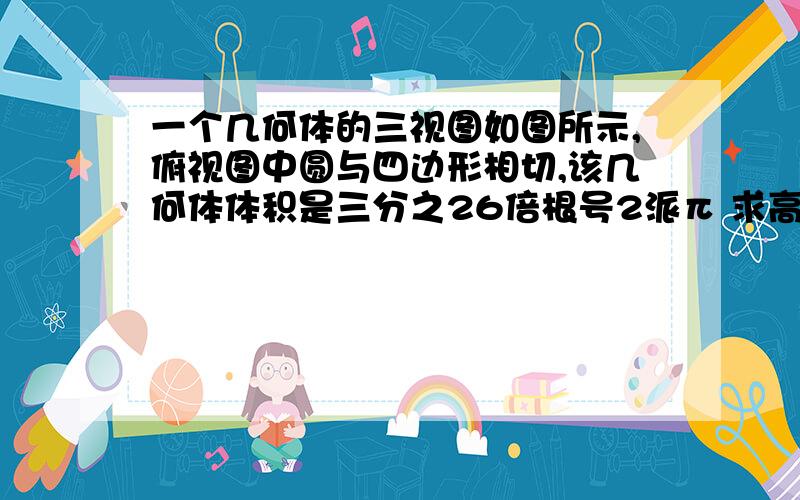 一个几何体的三视图如图所示,俯视图中圆与四边形相切,该几何体体积是三分之26倍根号2派π 求高hπ+2根号2 求思路