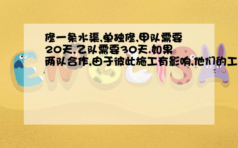 修一条水渠,单独修,甲队需要20天,乙队需要30天.如果两队合作,由于彼此施工有影响,他们的工作效率就会降低,甲队的工作效率是原来的,乙队的工作效率是原来的9/10.现在计划16天修完这条水渠