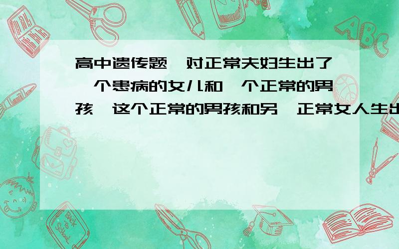 高中遗传题一对正常夫妇生出了一个患病的女儿和一个正常的男孩,这个正常的男孩和另一正常女人生出了一个正常男孩,正常女人的母亲患病,已知此病为常染色体显性遗传,求正常男孩和正常