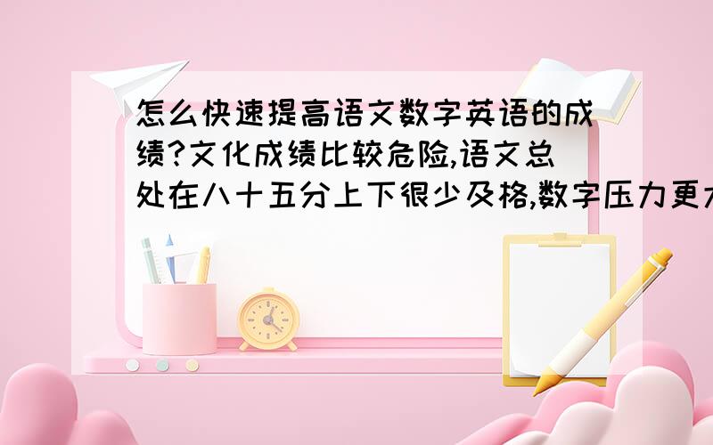 怎么快速提高语文数字英语的成绩?文化成绩比较危险,语文总处在八十五分上下很少及格,数字压力更大十几二十分,英语四十左右,提高范围二十分就好.慢慢来…