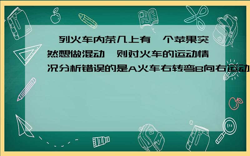 一列火车内茶几上有一个苹果突然想做混动,则对火车的运动情况分析错误的是A火车右转弯B向右运动时突然加速C向左运动的货车突然刹车D列车向左转弯