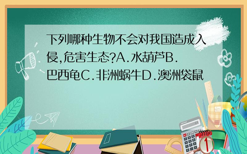 下列哪种生物不会对我国造成入侵,危害生态?A.水葫芦B.巴西龟C.非洲蜗牛D.澳洲袋鼠